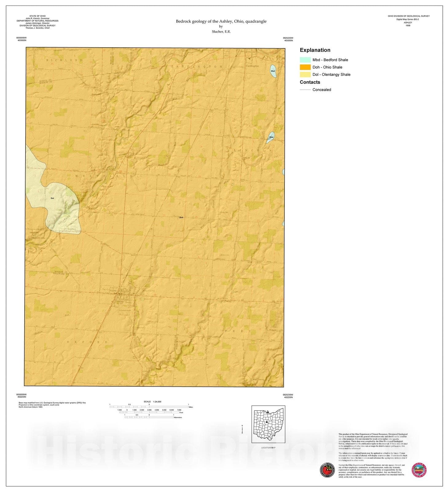 Map : Bedrock geology of the Ashley, Ohio, quadrangle, 1998 Cartography Wall Art :