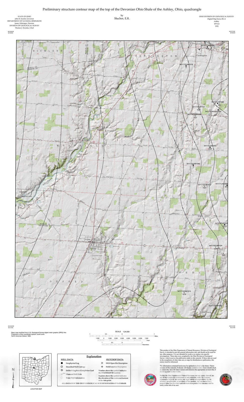 Map : Preliminary structure contour map of the top of the Devonian Ohio Shale of the Ashley, Ohio, quadrangle, 1995 Cartography Wall Art :