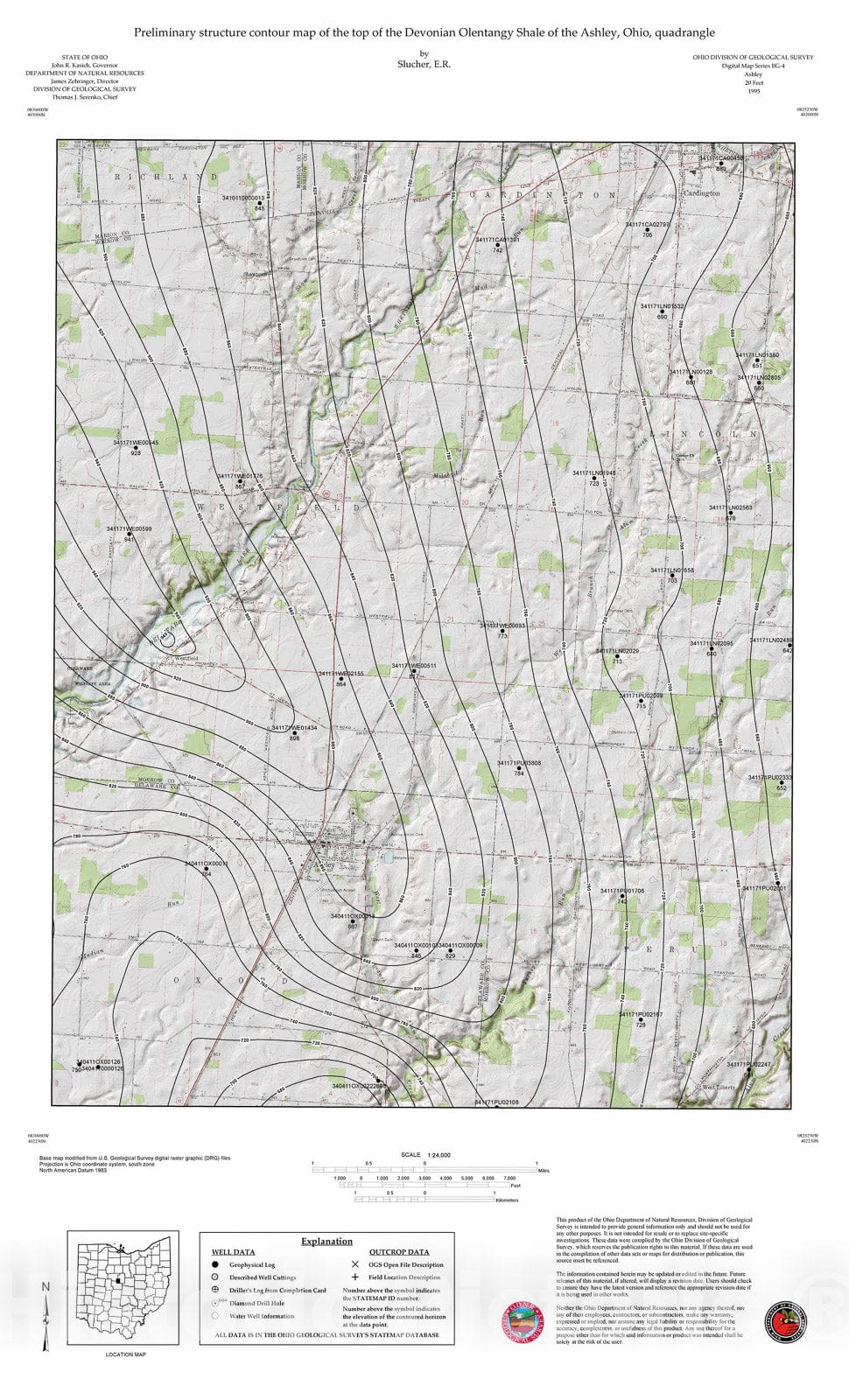 Map : Preliminary structure contour map of the top of the Devonian Olentangy Shale of the Ashley, Ohio, quadrangle, 1995 Cartography Wall Art :