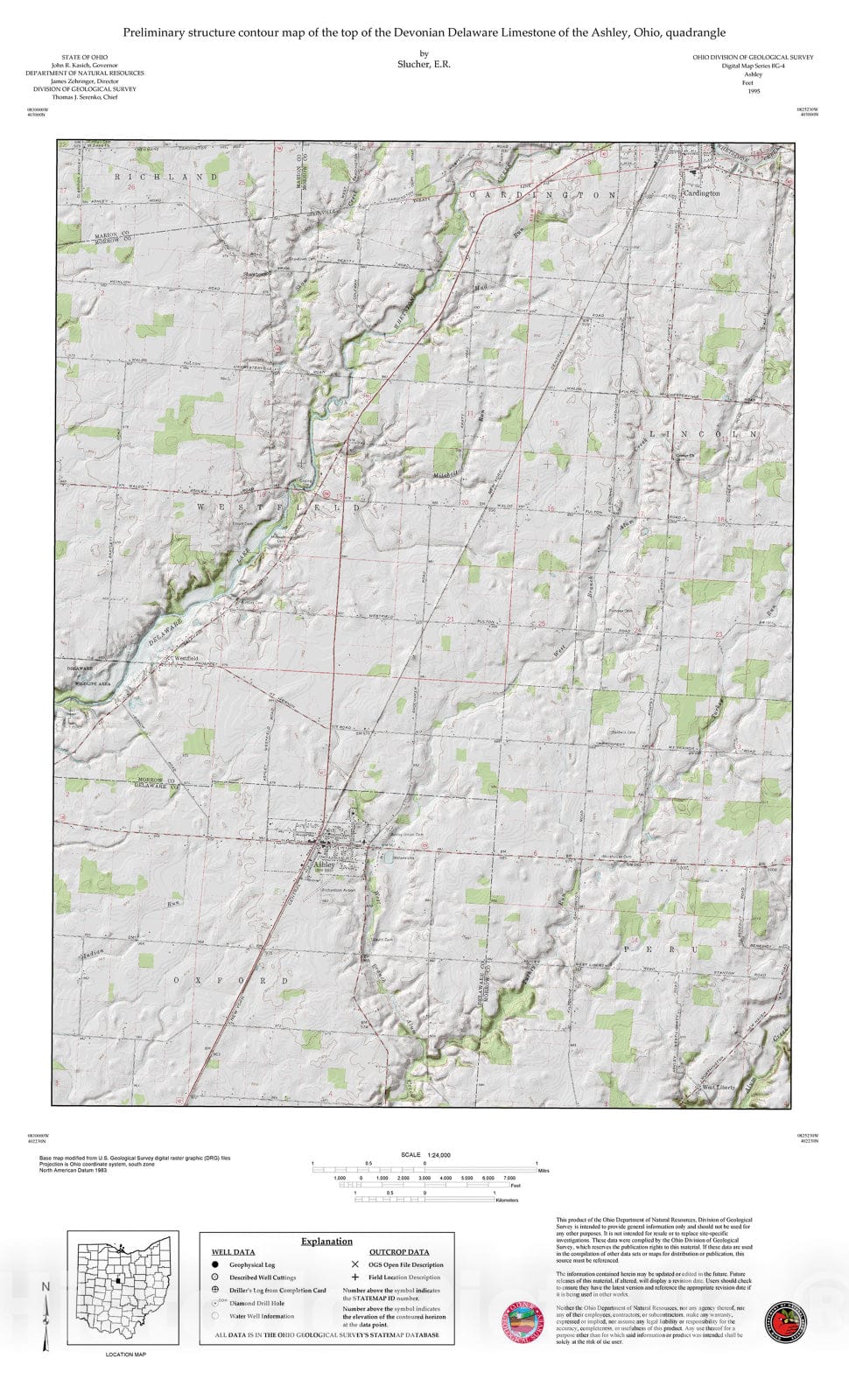 Map : Preliminary structure contour map of the top of the Devonian Delaware Limestone of the Ashley, Ohio, quadrangle, 1995 Cartography Wall Art :