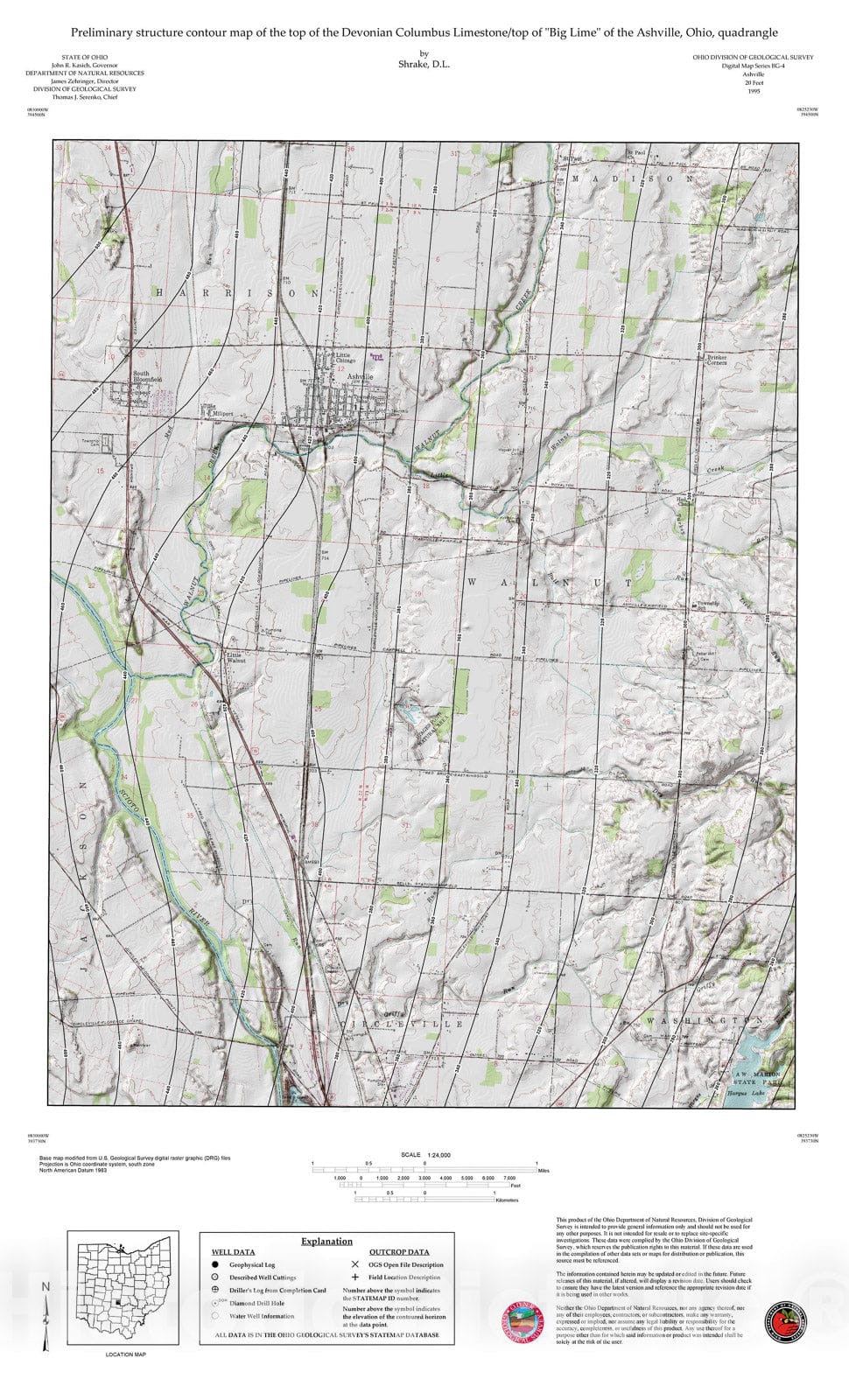 Map : Preliminary structure contour map of the top of the Devonian Columbus Limestone/top of "Big Lime" of the Ashville, Ohio, quadrangle, 1995 Cartography Wall Art :