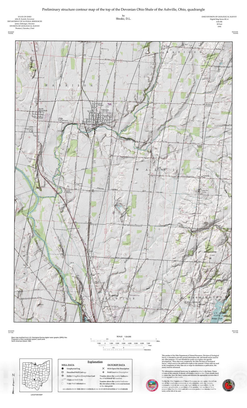 Map : Preliminary structure contour map of the top of the Devonian Ohio Shale of the Ashville, Ohio, quadrangle, 1995 Cartography Wall Art :
