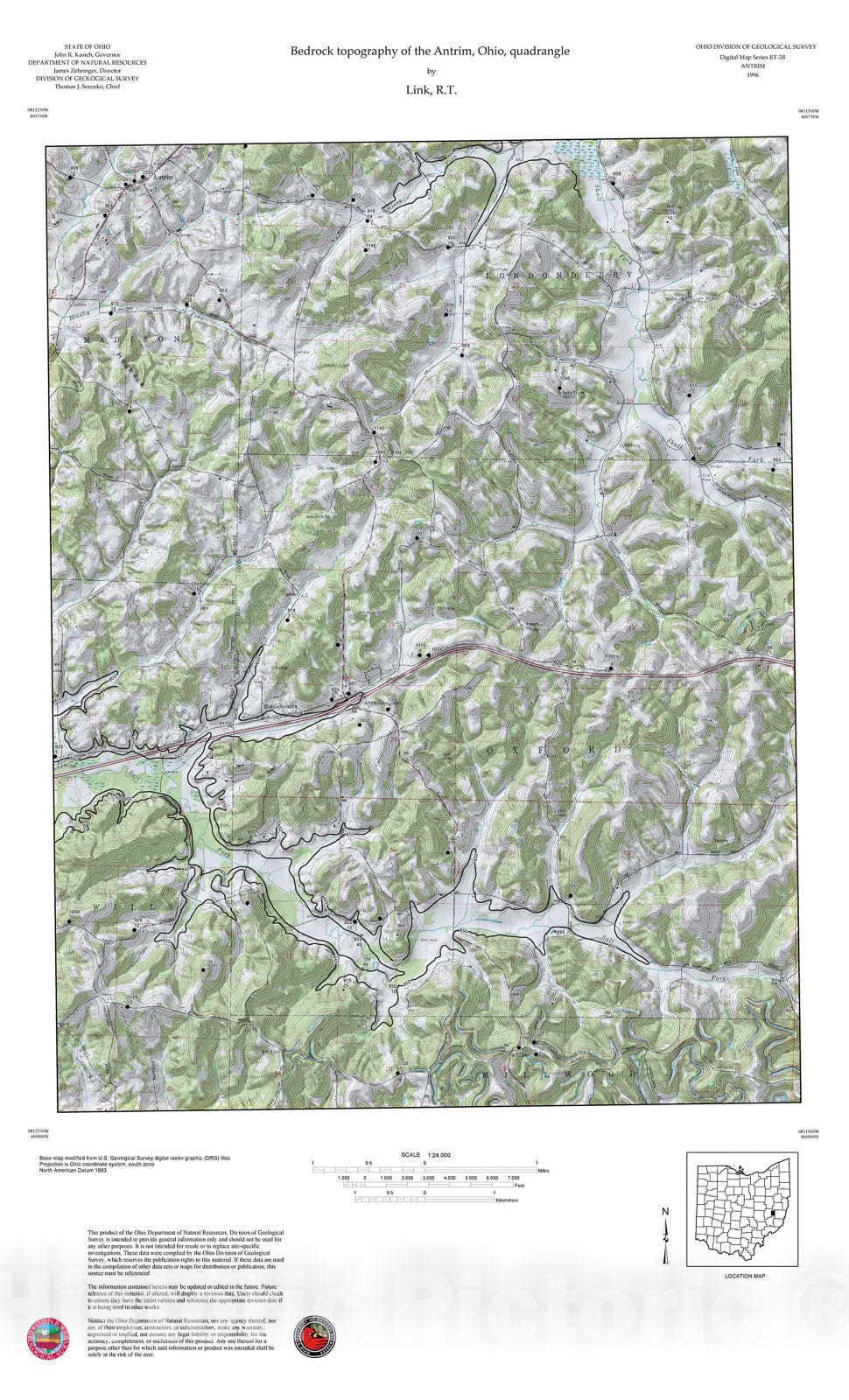 Map : Bedrock topography of the Antrim, Ohio, quadrangle, 1996 Cartography Wall Art :