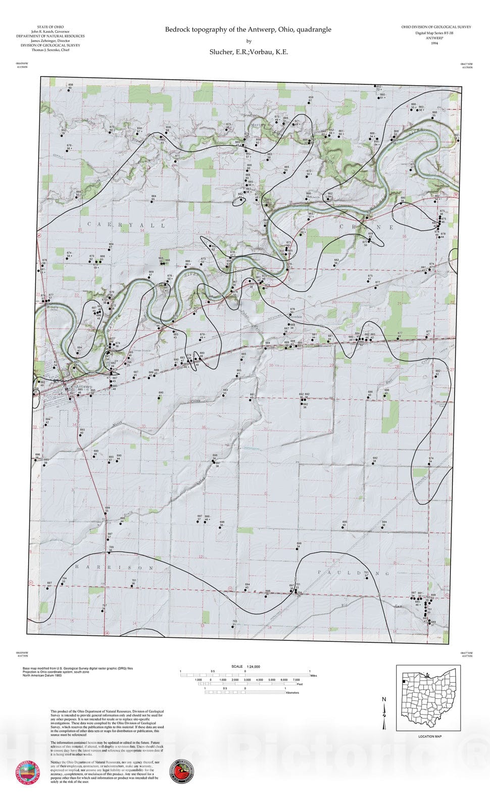 Map : Bedrock topography of the Antwerp, Ohio, quadrangle, 1994 Cartography Wall Art :