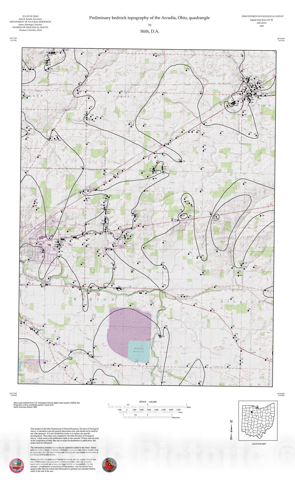 Map : Preliminary bedrock topography of the Arcadia, Ohio, quadrangle, 1998 Cartography Wall Art :