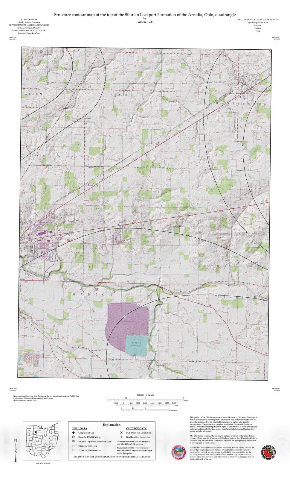 Map : Structure contour map of the top of the Silurian Lockport Formation of the Arcadia, Ohio, quadrangle, 1994 Cartography Wall Art :
