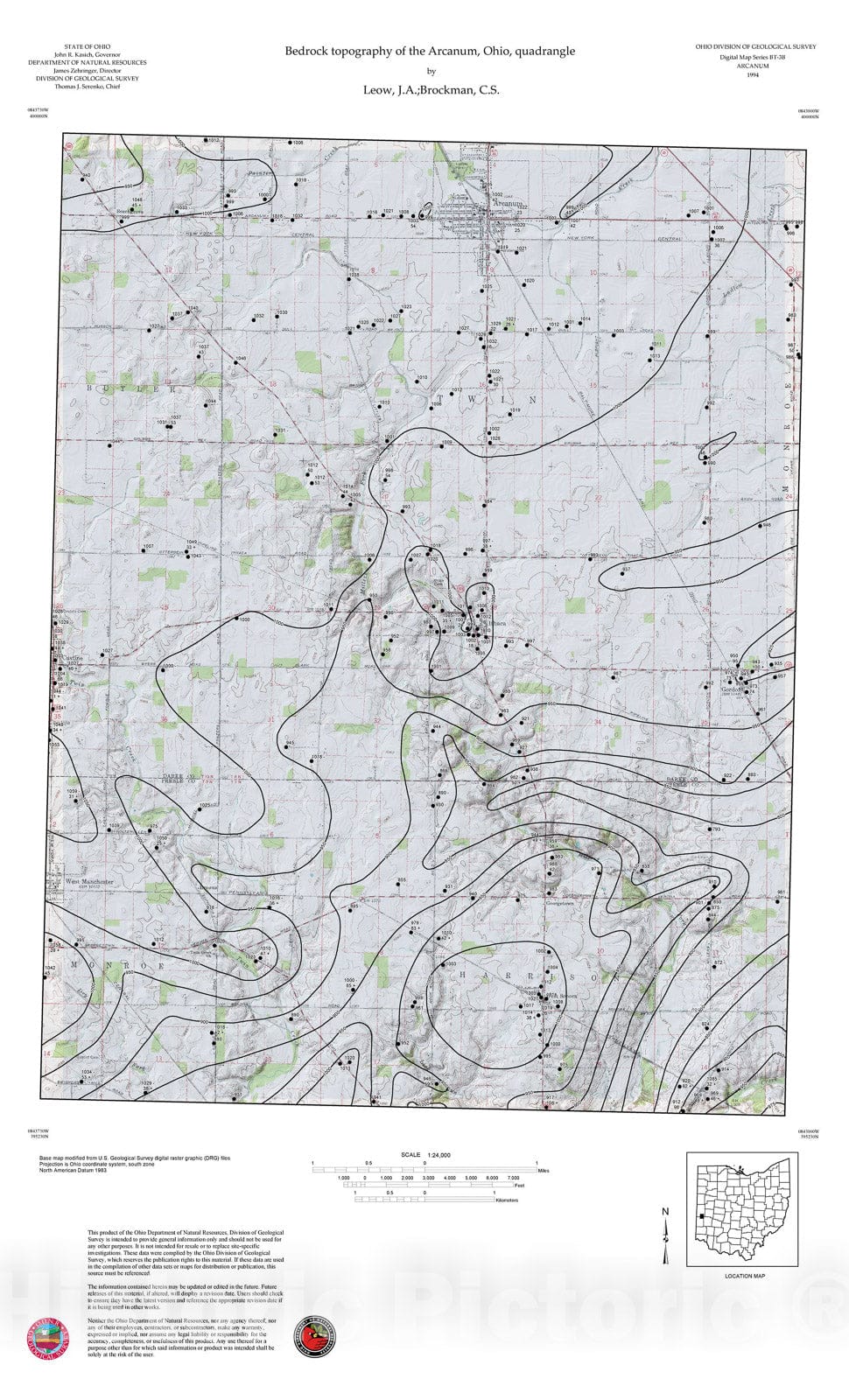 Map : Bedrock topography of the Arcanum, Ohio, quadrangle, 1994 Cartography Wall Art :