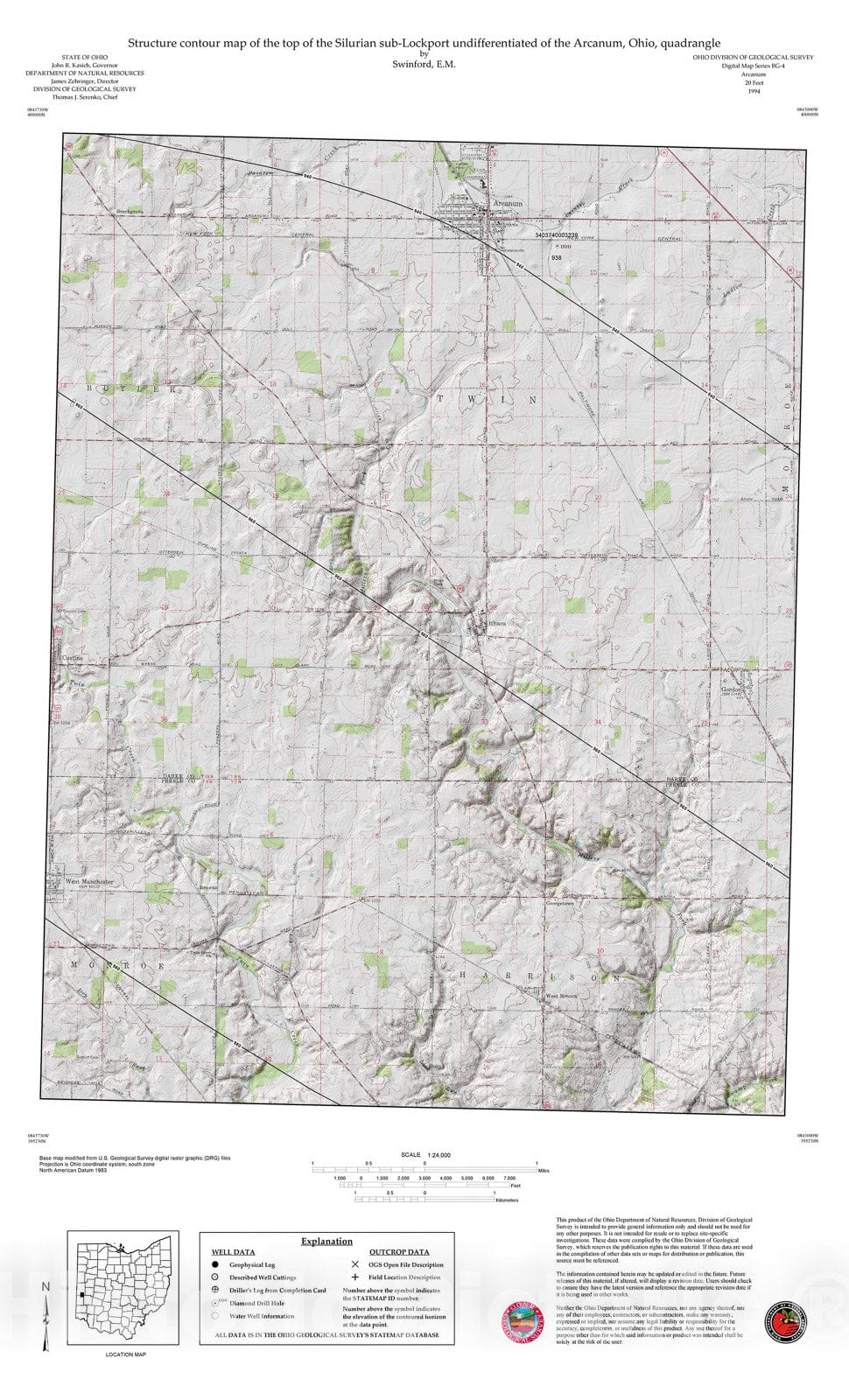 Map : Structure contour map of the top of the Silurian sub-Lockport undifferentiated of the Arcanum, Ohio, quadrangle, 1994 Cartography Wall Art :