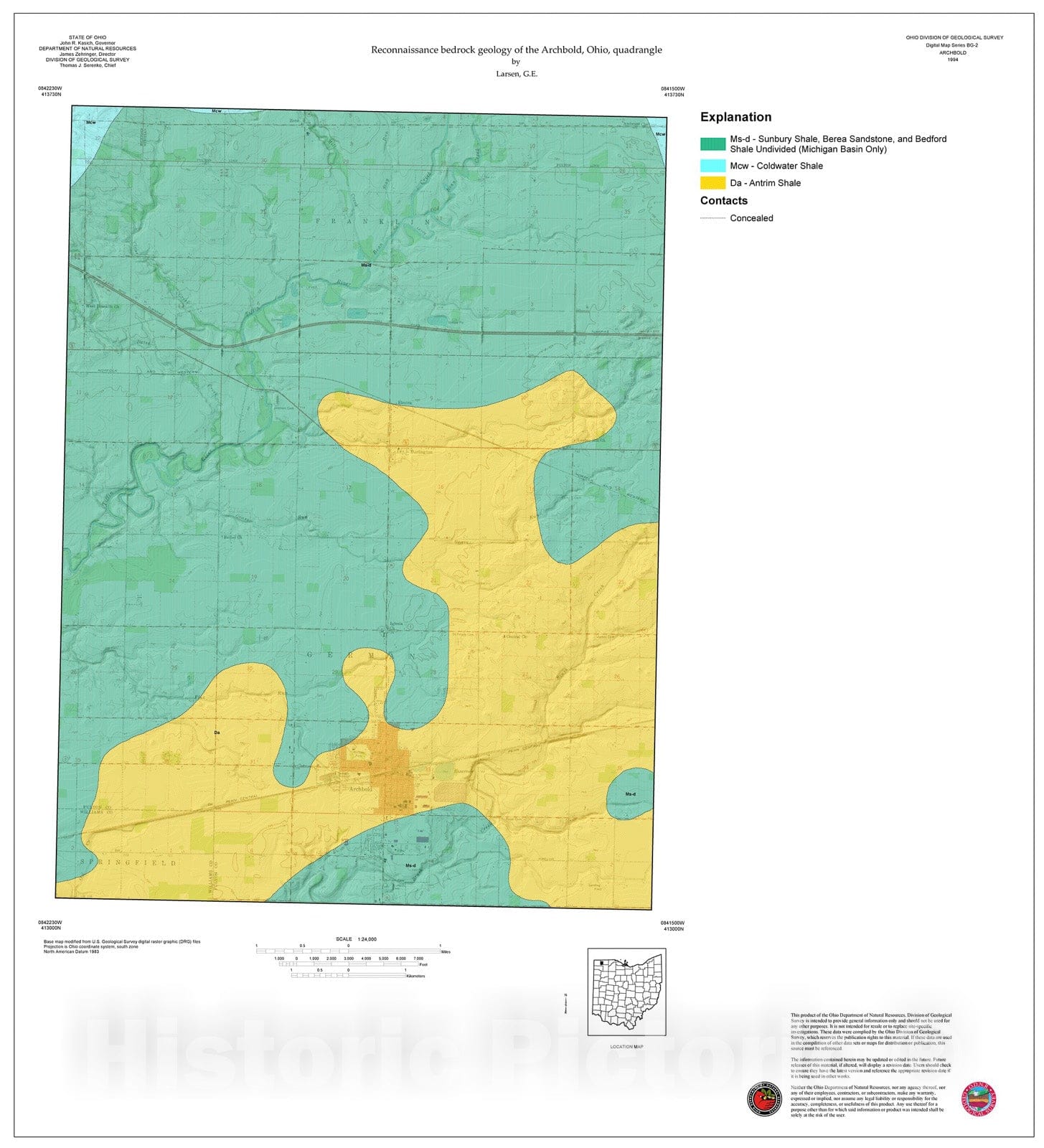 Map : Reconnaissance bedrock geology of the Archbold, Ohio, quadrangle, 1994 Cartography Wall Art :