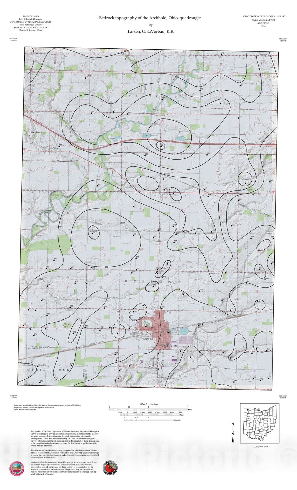 Map : Bedrock topography of the Archbold, Ohio, quadrangle , 1994 Cartography Wall Art :