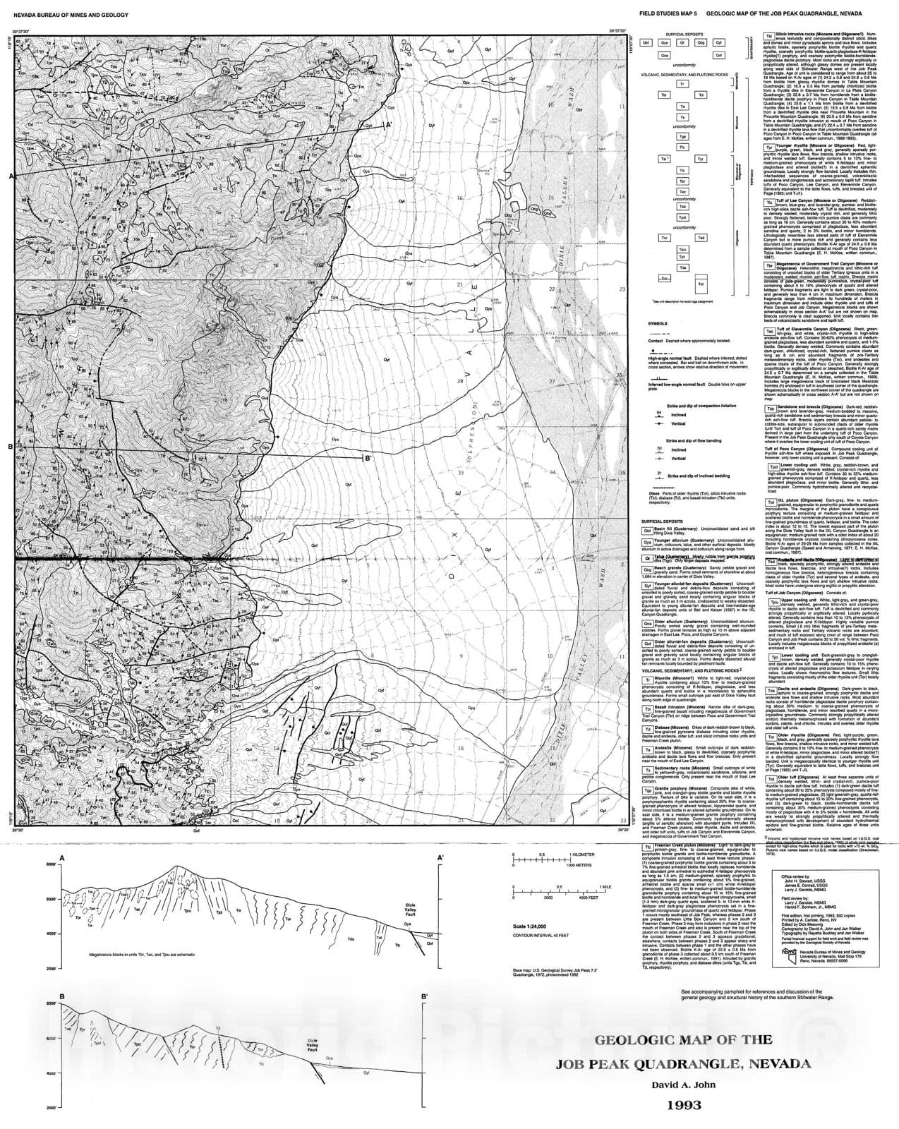 Map : Geologic Map of the Job Peak Quadrangle, Nevada, 1993 Cartography Wall Art :