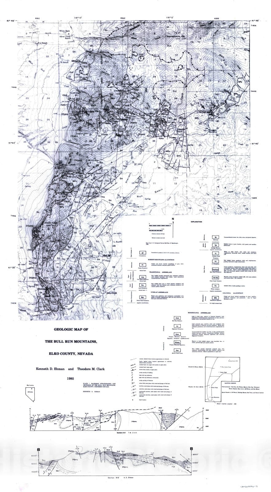 Map : Geologic Map of the Bull Run Mountains, Elko County, Nevada, 1986 Cartography Wall Art :