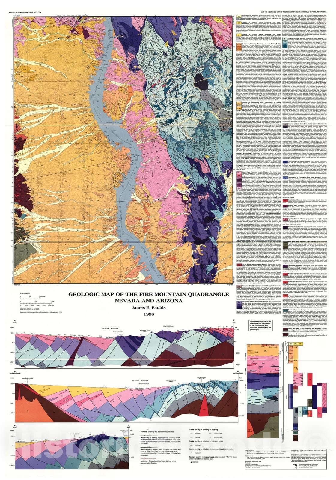Map : Geologic Map of the Fire Mountain Quadrangle, Nevada and Arizona, 1996 Cartography Wall Art :