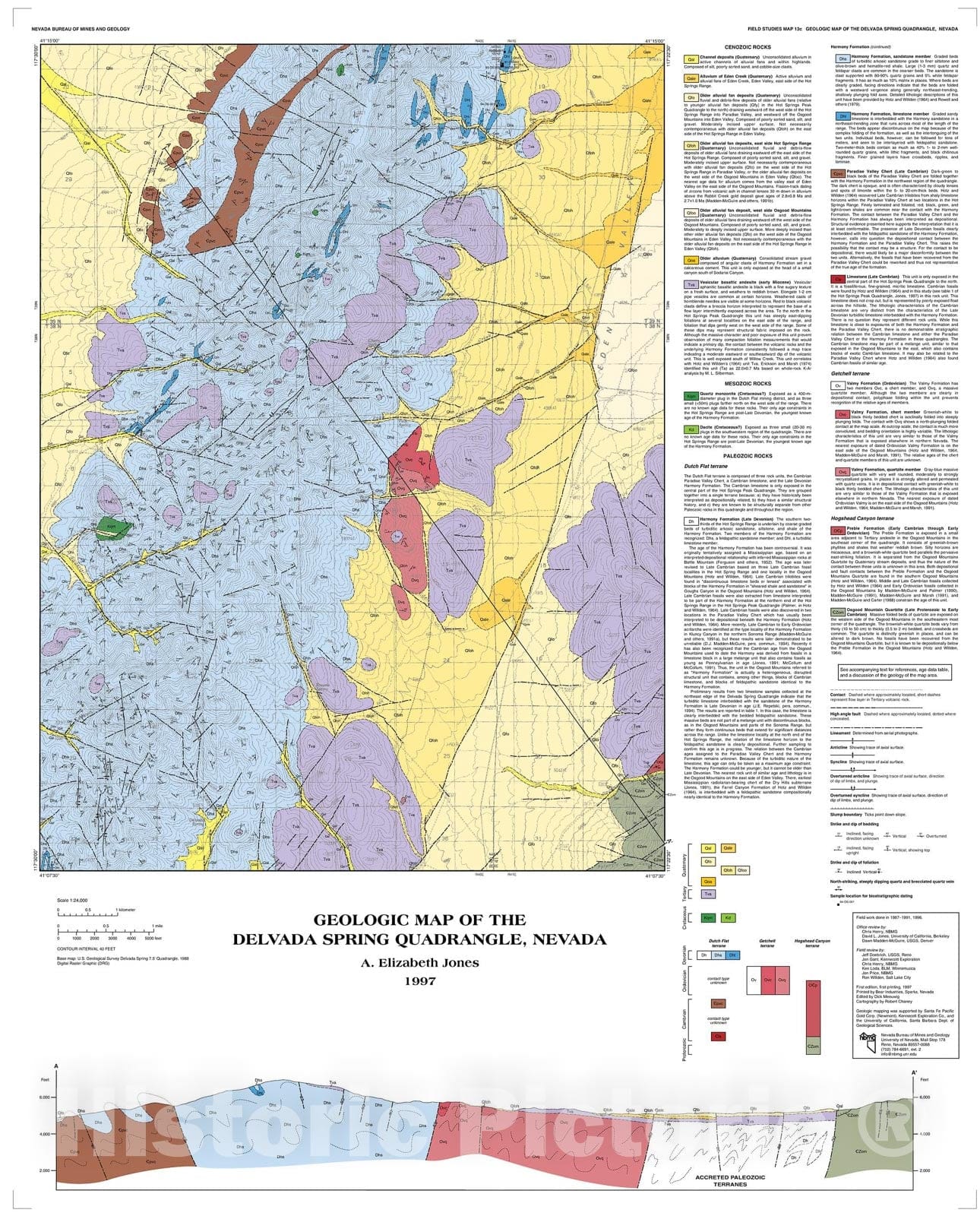 Map : Geologic Map of the Delvada Spring Quadrangle, Nevada, 1997 Cartography Wall Art :