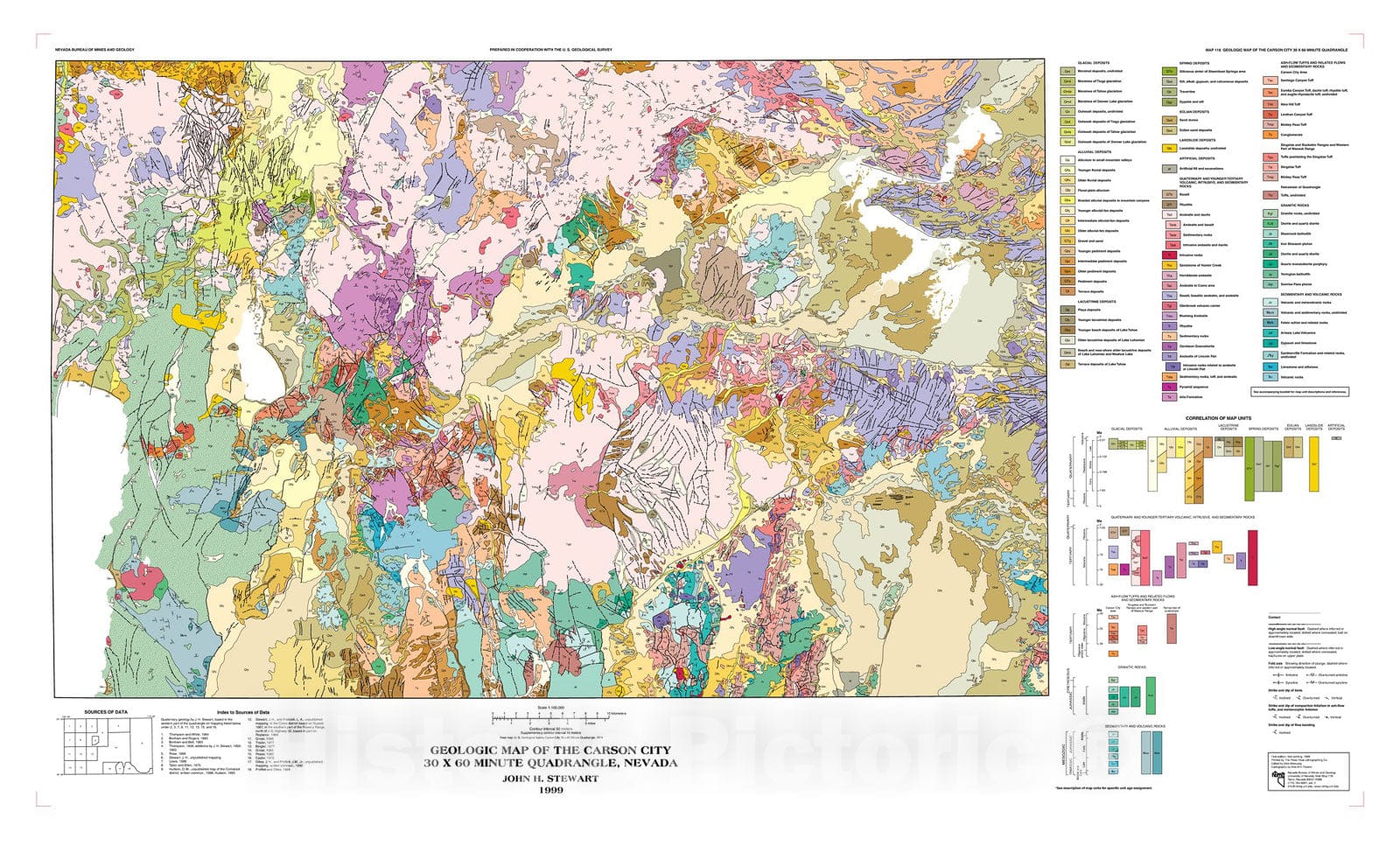 Map : Geologic Map of the Carson City thirty x sixty Minute Quadrangle, Nevada, 1999 Cartography Wall Art :