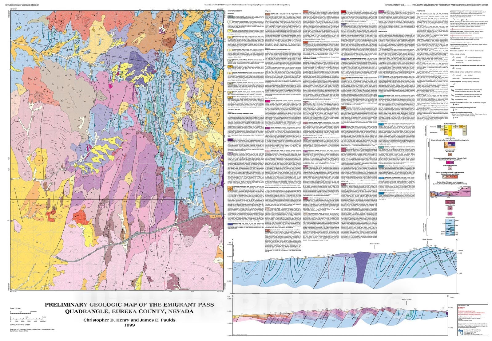 Map : Geologic Map of the Emigrant Pass Quadrangle, Nevada, 1999 Cartography Wall Art :