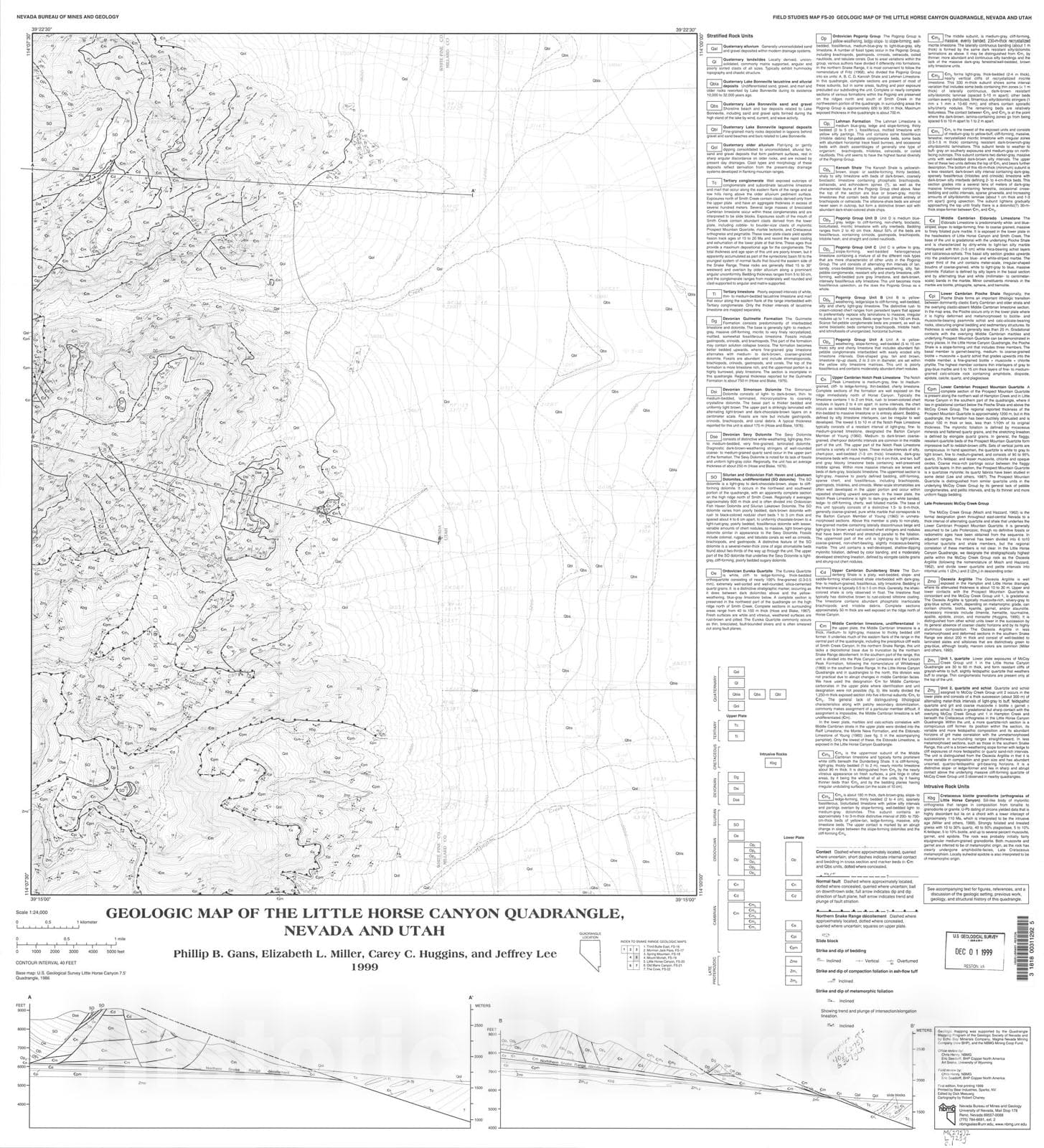 Map : Geologic Map of the Little Horse Canyon Quadrangle, Nevada and Utah, 1999 Cartography Wall Art :