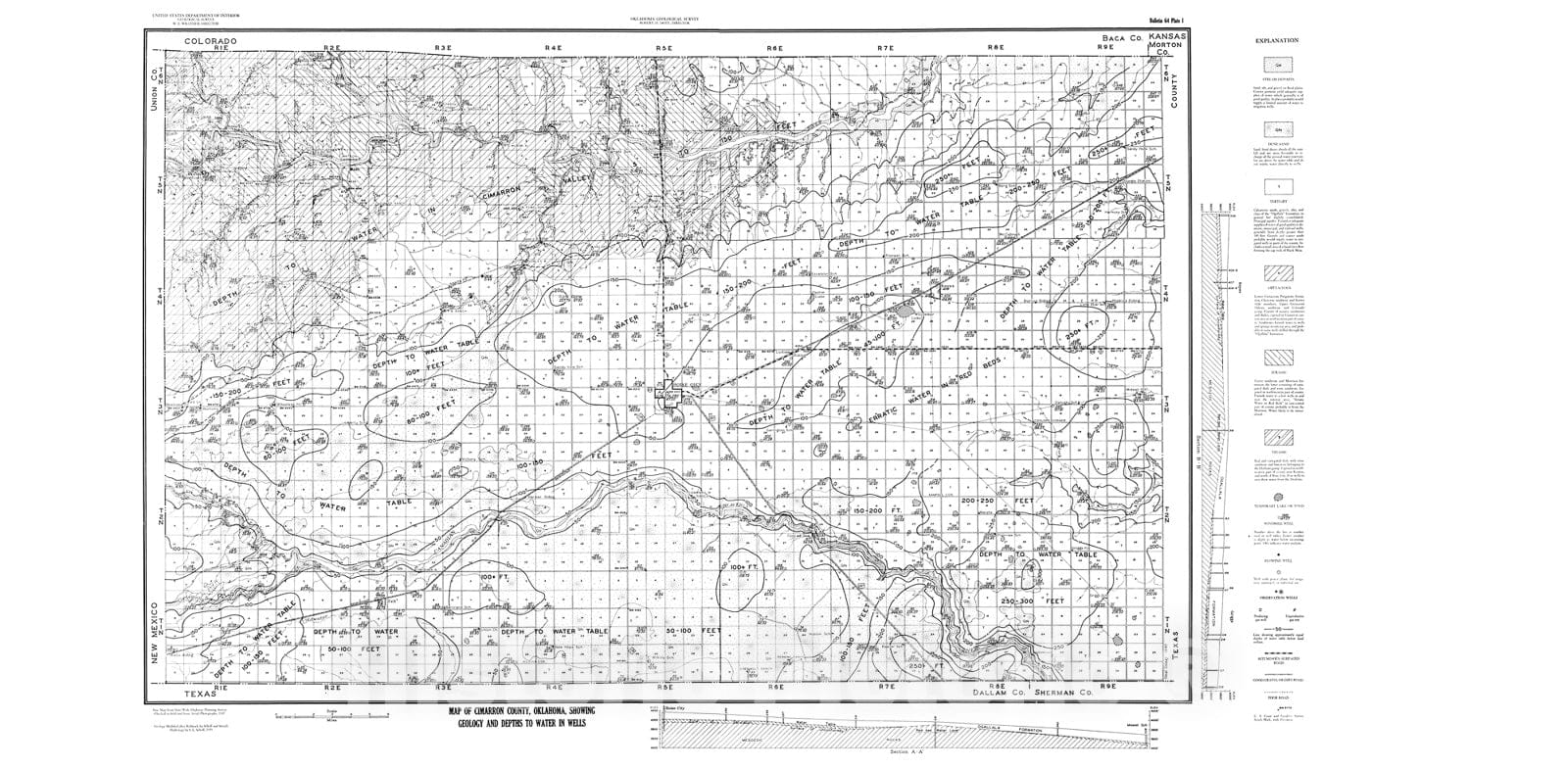 Map : Plate 1. Map of Cimarron County, Oklahoma, showing geology and depths to water in wells, 1943 Cartography Wall Art :