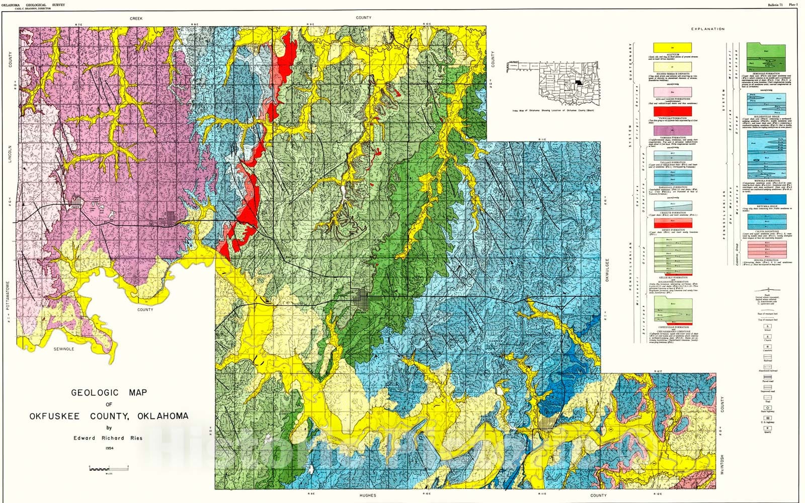 Map : Plate 1. Geologic map of Okfuskee County, Oklahoma, 1954 Cartography Wall Art :