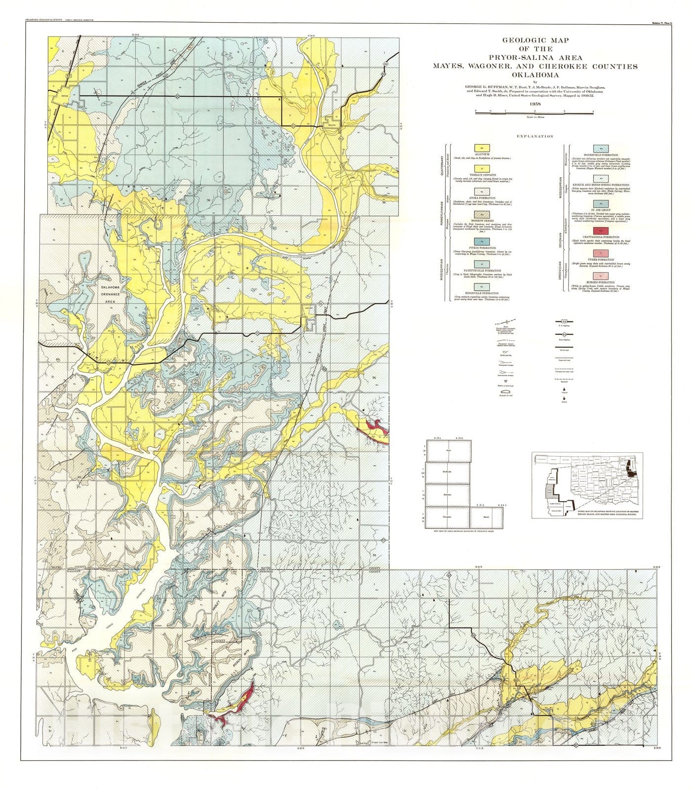 Map : Plate 2. Geologic map of the Pryor-Salina area Mayes, Wagoner, and Cherokee Counties, Oklahoma, 1958 Cartography Wall Art :