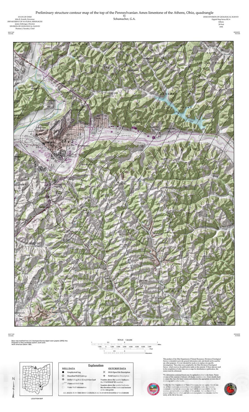 Map : Preliminary structure contour map of the top of the Pennsylvanian Ames limestone of the Athens, Ohio, quadrangle, 1995 Cartography Wall Art :