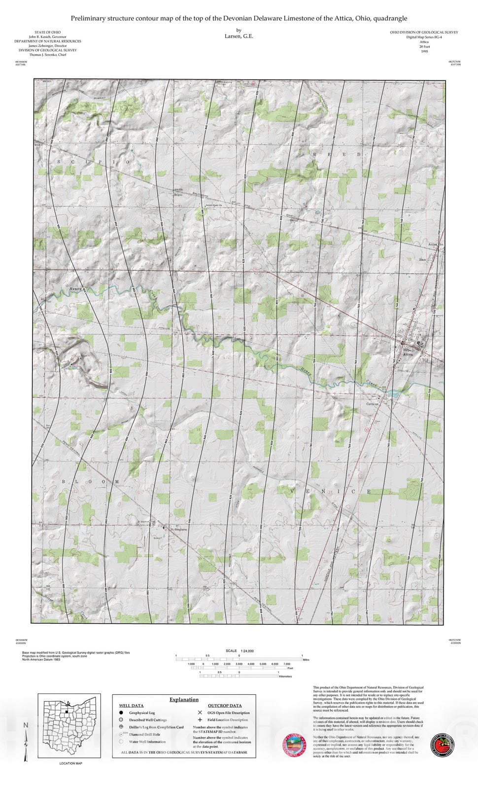 Map : Preliminary structure contour map of the top of the Devonian Delaware Limestone of the Attica, Ohio, quadrangle, 1995 Cartography Wall Art :