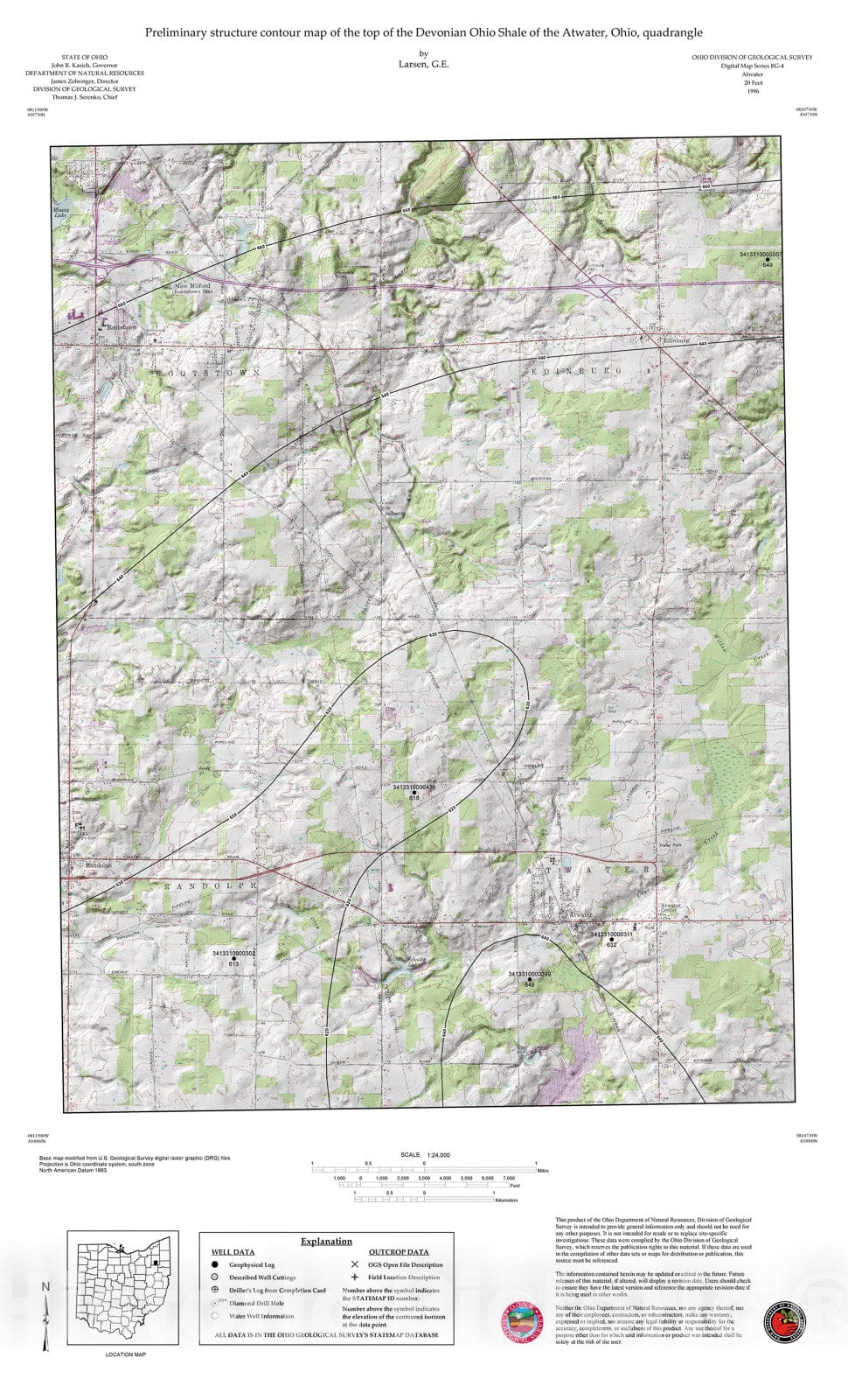 Map : Preliminary structure contour map of the top of the Devonian Ohio Shale of the Atwater, Ohio, quadrangle, 1996 Cartography Wall Art :