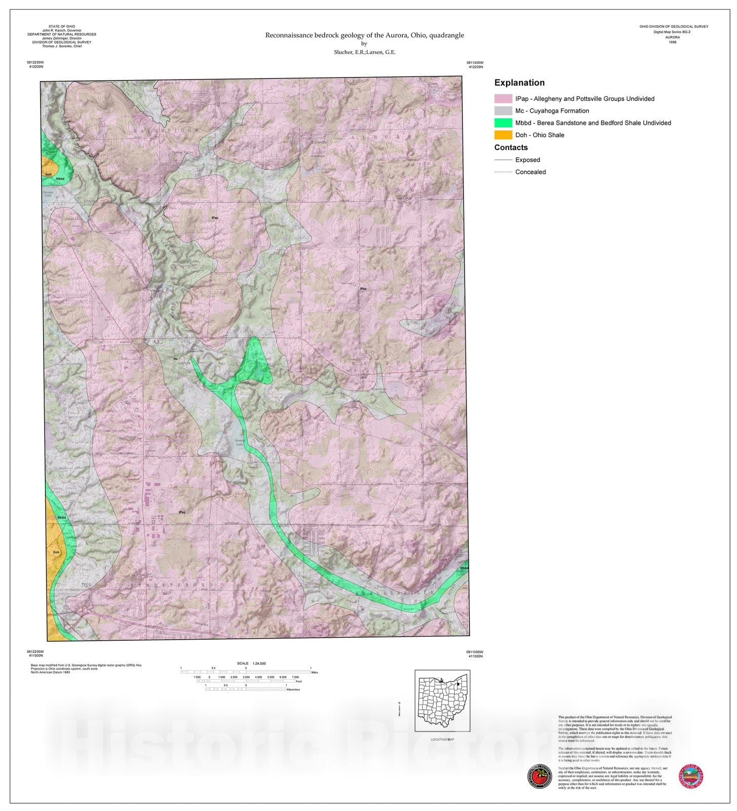 Map : Reconnaissance bedrock geology of the Aurora, Ohio, quadrangle, 1996 Cartography Wall Art :
