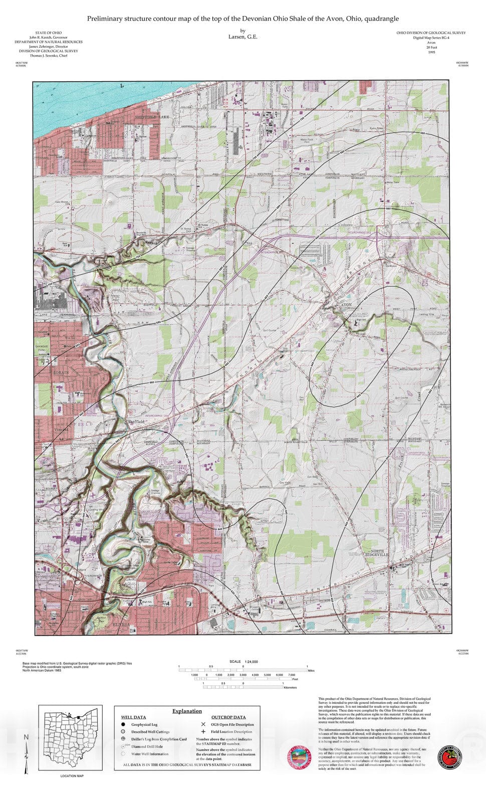 Map : Preliminary structure contour map of the top of the Devonian Ohio Shale of the Avon, Ohio, quadrangle, 1995 Cartography Wall Art :