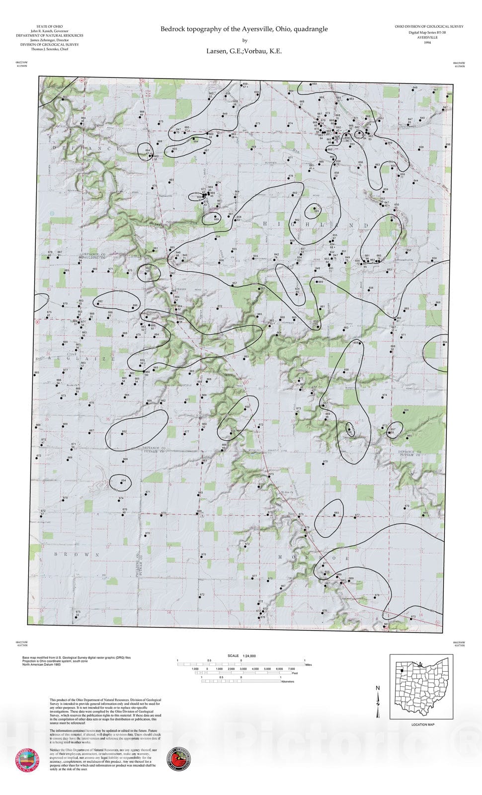 Map : Bedrock topography of the Ayersville, Ohio, quadrangle, 1994 Cartography Wall Art :