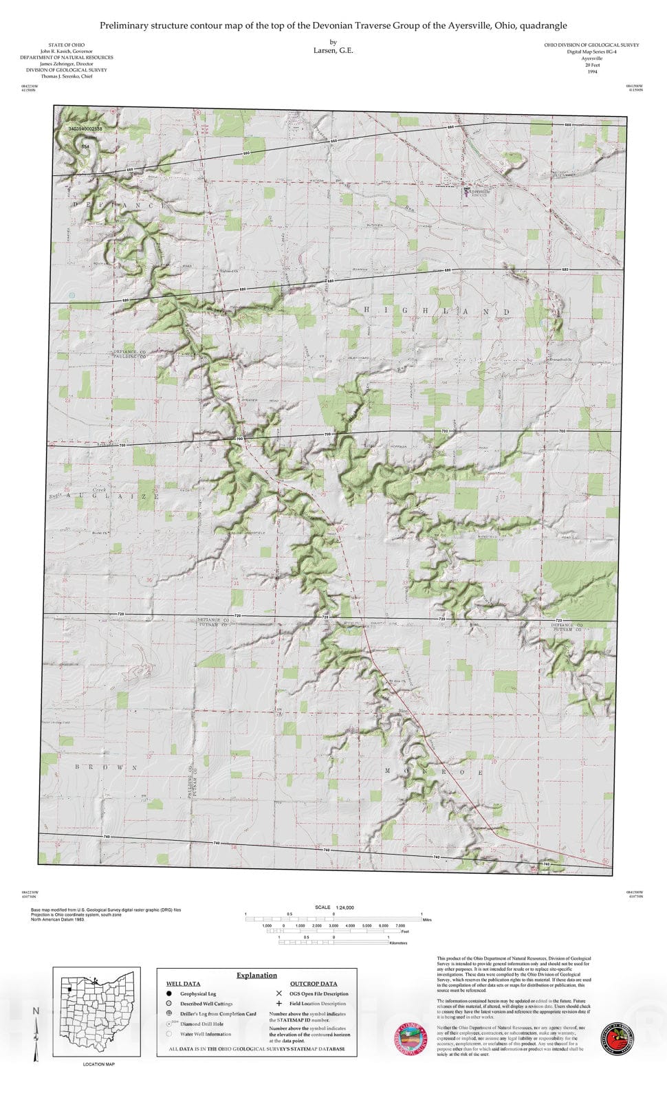 Map : Preliminary structure contour map of the top of the Devonian Traverse Group of the Ayersville, Ohio, quadrangle, 1994 Cartography Wall Art :