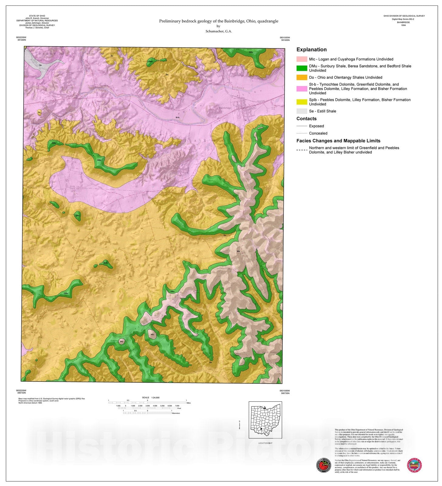 Map : Preliminary bedrock geology of the Bainbridge, Ohio, quadrangle, 1994 Cartography Wall Art :
