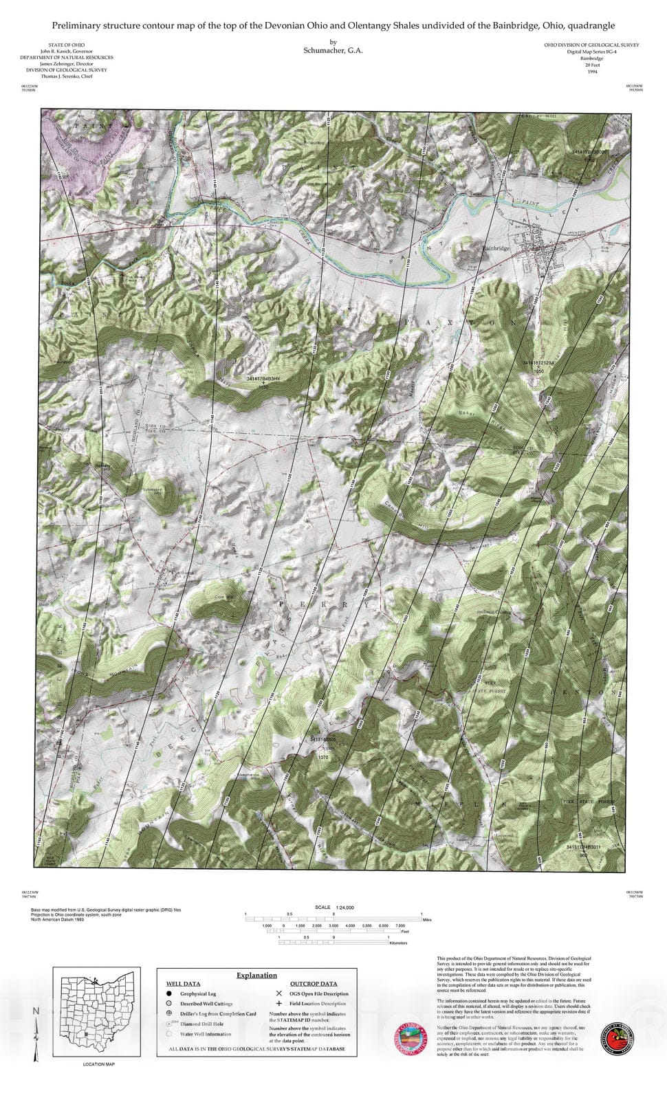 Map : Preliminary structure contour map of the top of the Devonian Ohio and Olentangy Shales undivided of the Bainbridge, Ohio, quadrangle, 1994 Cartography Wall Art :