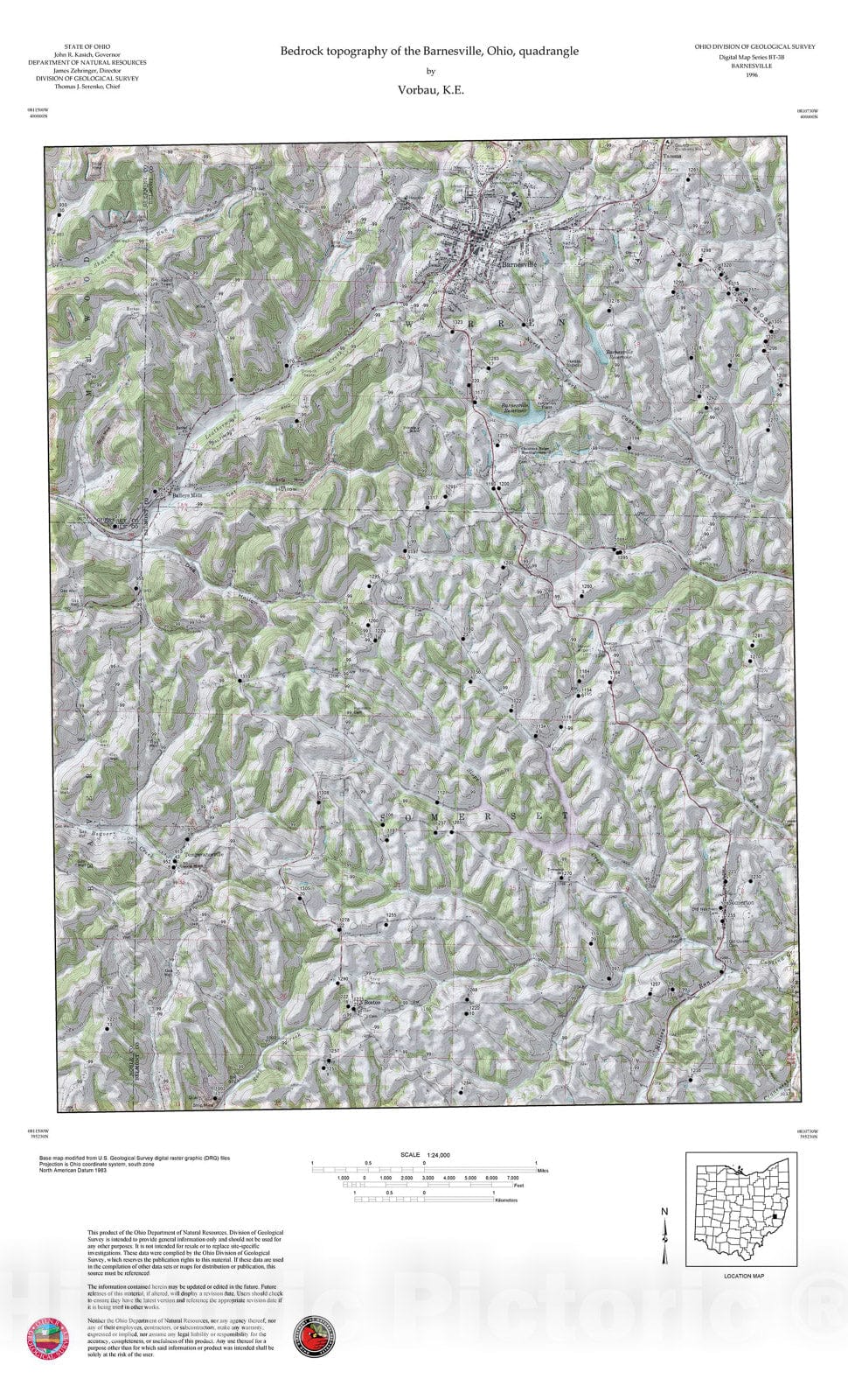 Map : Bedrock topography of the Barnesville, Ohio, quadrangle, 1996 Cartography Wall Art :