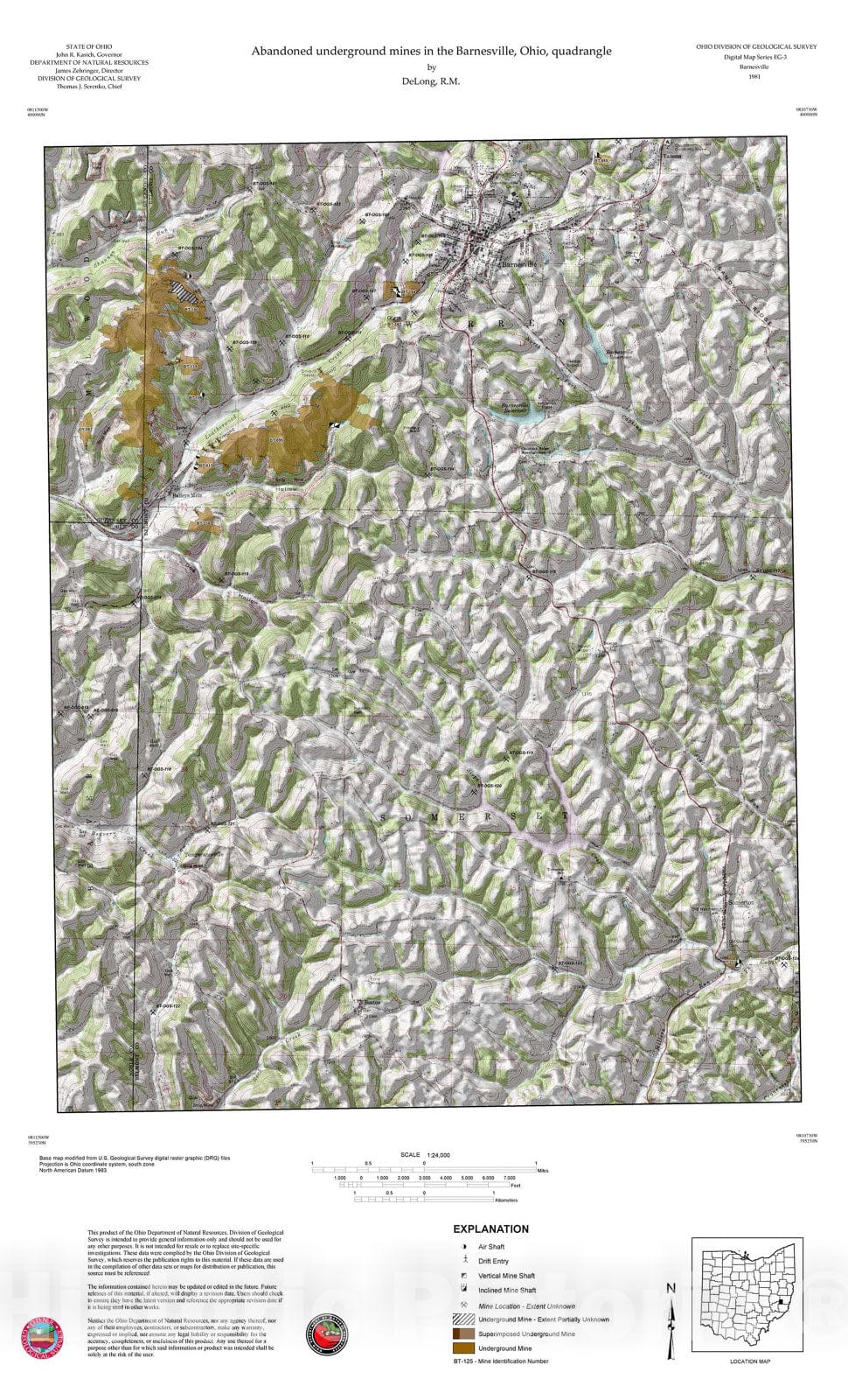 Map : Abandoned underground mines in the Barnesville, Ohio, quadrangle, 1981 Cartography Wall Art :