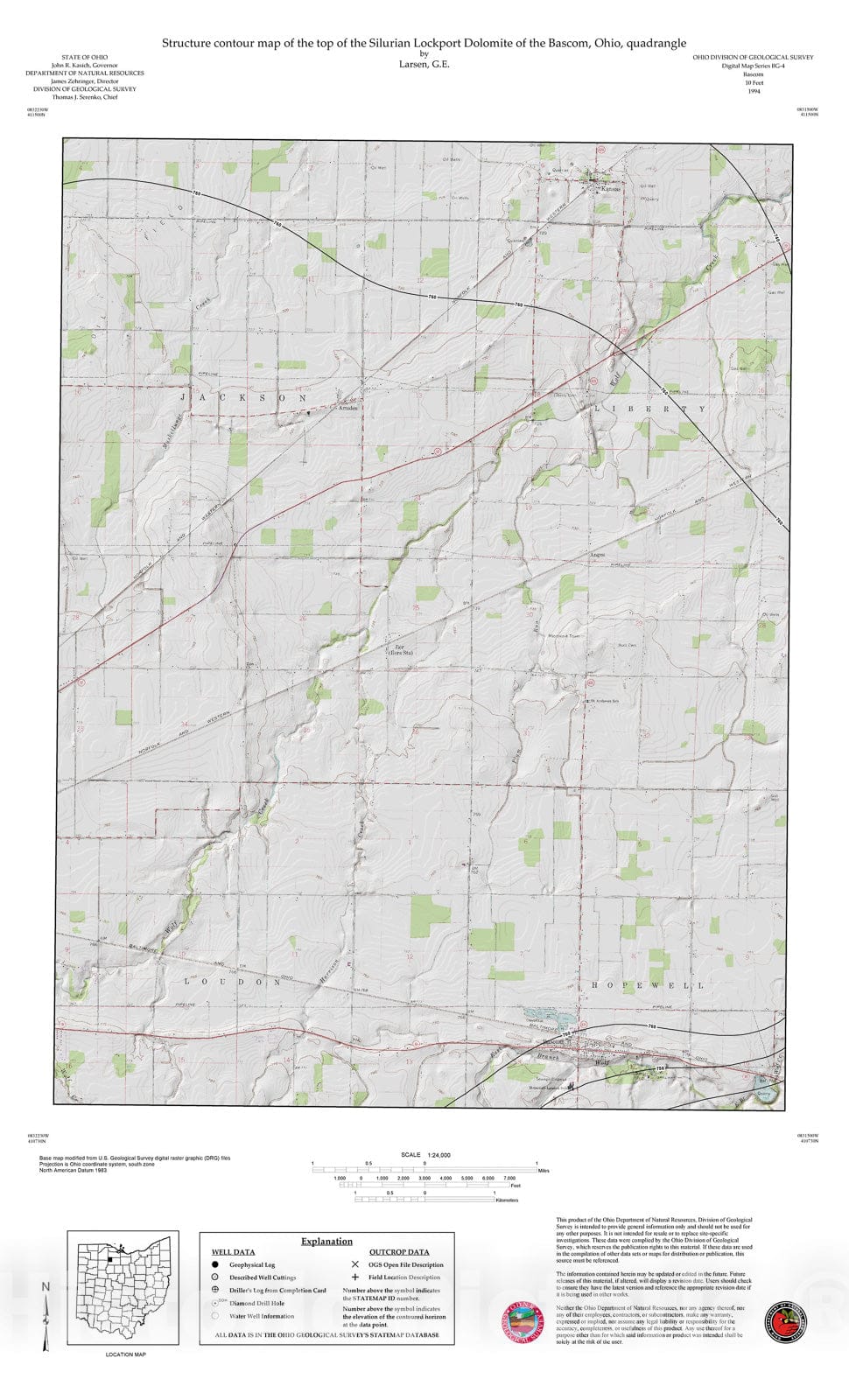 Map : Structure contour map of the top of the Silurian Lockport Dolomite of the Bascom, Ohio, quadrangle, 1994 Cartography Wall Art :