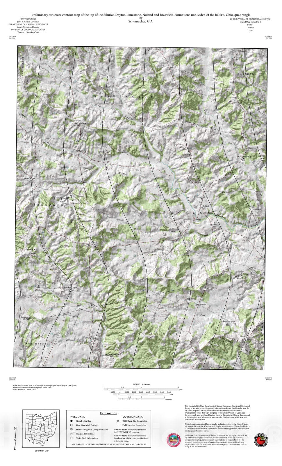 Map : Preliminary structure contour map of the top of the Silurian Dayton Limestone, Noland and Brassfield Formations, 1994 Cartography Wall Art :