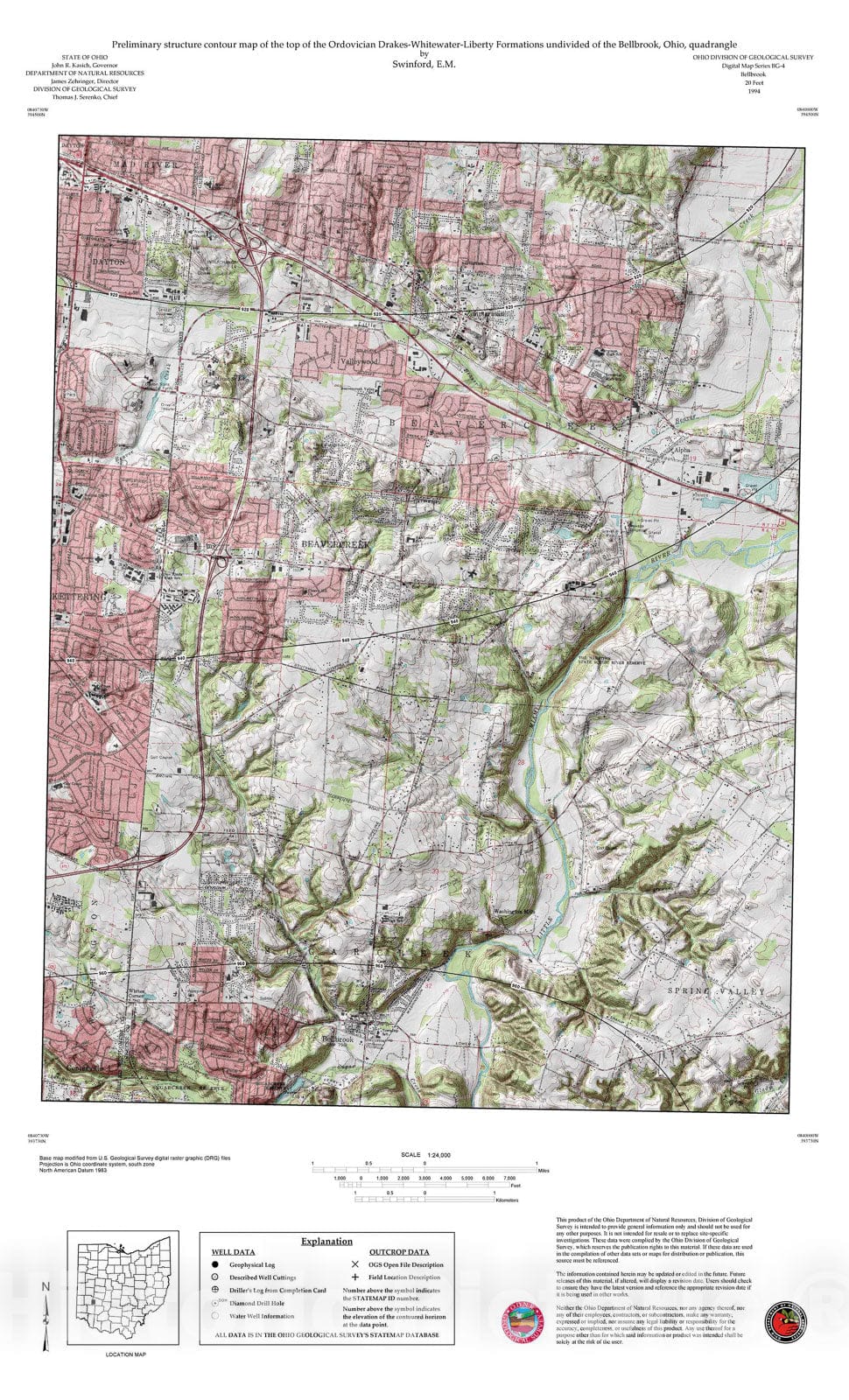 Map : Preliminary structure contour map of the top of the Ordovician Drakes-Whitewater-Liberty Formations undivided of the Bellbrook, Ohio, quadrangle, 1994 Cartography Wall Art :