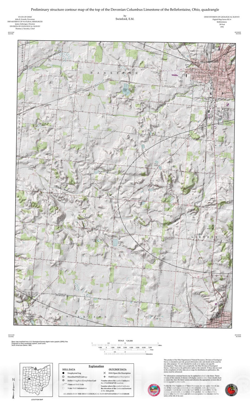 Map : Preliminary structure contour map of the top of the Devonian Columbus Limestone of the Bellefontaine, Ohio, quadrangle, 1991 Cartography Wall Art :