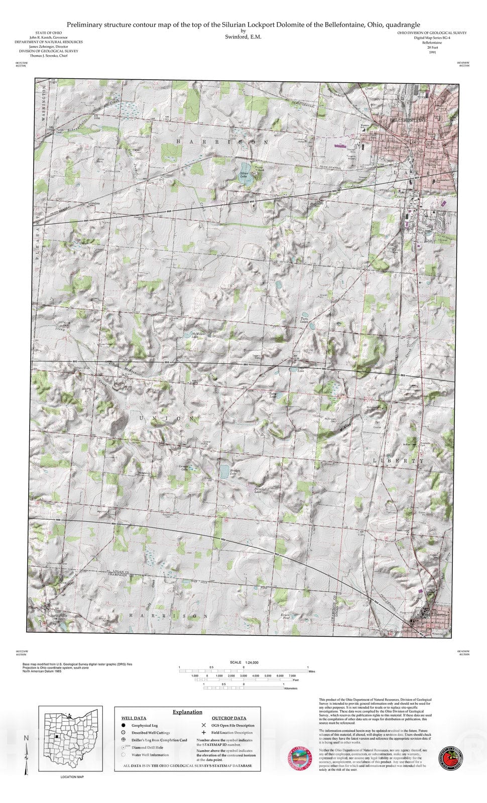 Map : Preliminary structure contour map of the top of the Silurian Lockport Dolomite of the Bellefontaine, Ohio, quadrangle, 1991 Cartography Wall Art :