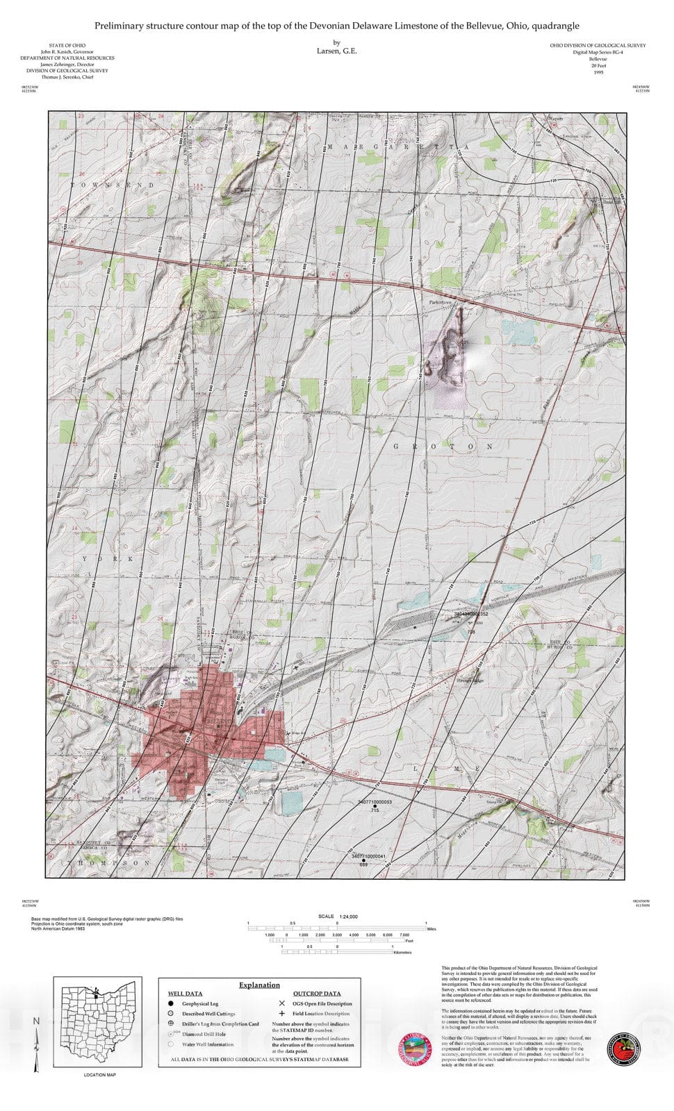 Map : Preliminary structure contour map of the top of the Devonian Delaware Limestone of the Bellevue, Ohio, quadrangle, 1995 Cartography Wall Art :