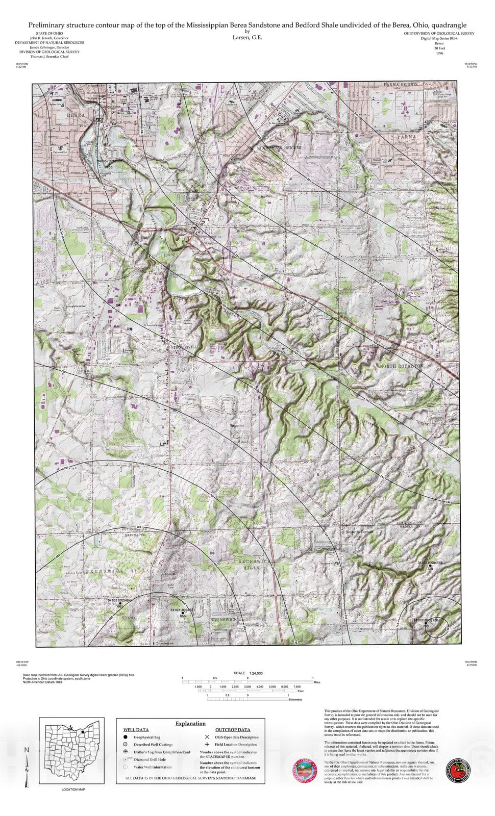 Map : Preliminary structure contour map of the top of the Mississippian Berea Sandstone and Bedford Shale undivided of the Berea, Ohio, quadrangle, 1996 Cartography Wall Art :