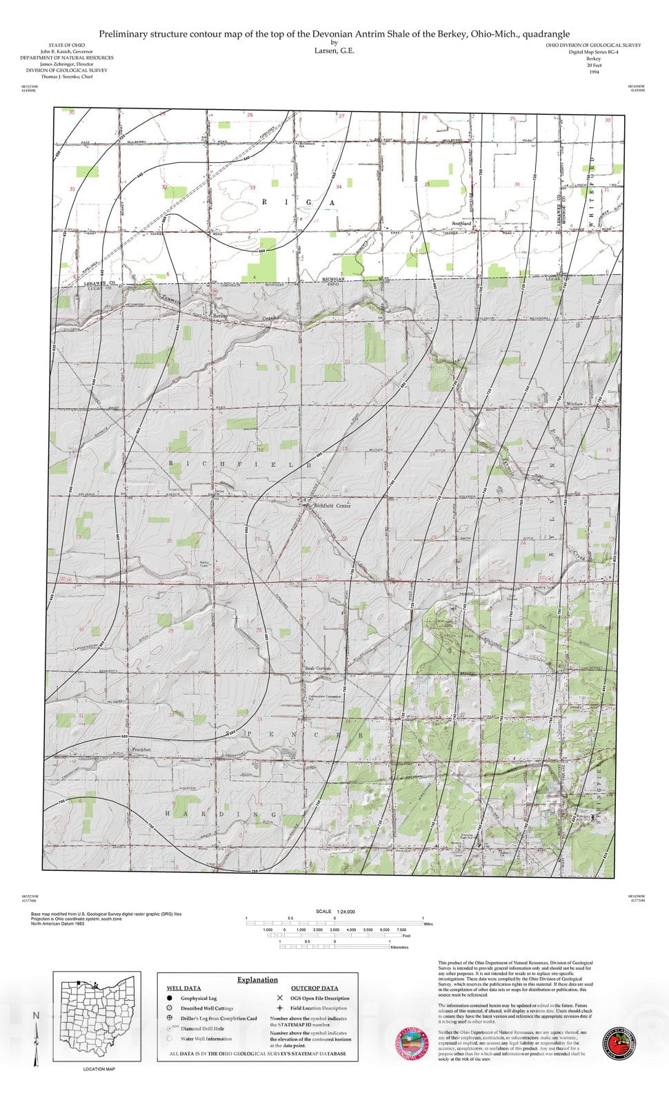 Map : Preliminary structure contour map of the top of the Devonian Antrim Shale of the Berkey, Ohio-Mich., quadrangle, 1994 Cartography Wall Art :
