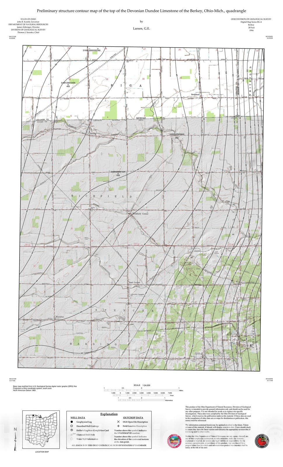 Map : Preliminary structure contour map of the top of the Devonian Dundee Limestone of the Berkey, Ohio-Mich., quadrangle, 1994 Cartography Wall Art :