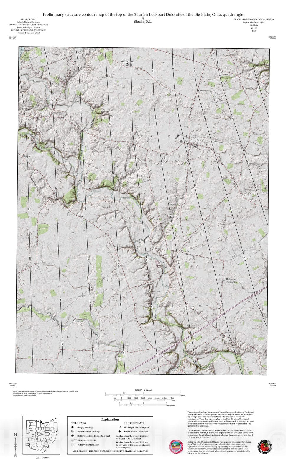 Map : Preliminary structure contour map of the top of the Silurian Lockport Dolomite of the Big Plain, Ohio, quadrangle, 1994 Cartography Wall Art :