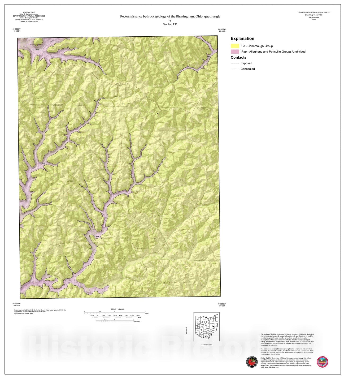 Map : Reconnaissance bedrock geology of the Birmingham, Ohio, quadrangle, 1997 Cartography Wall Art :