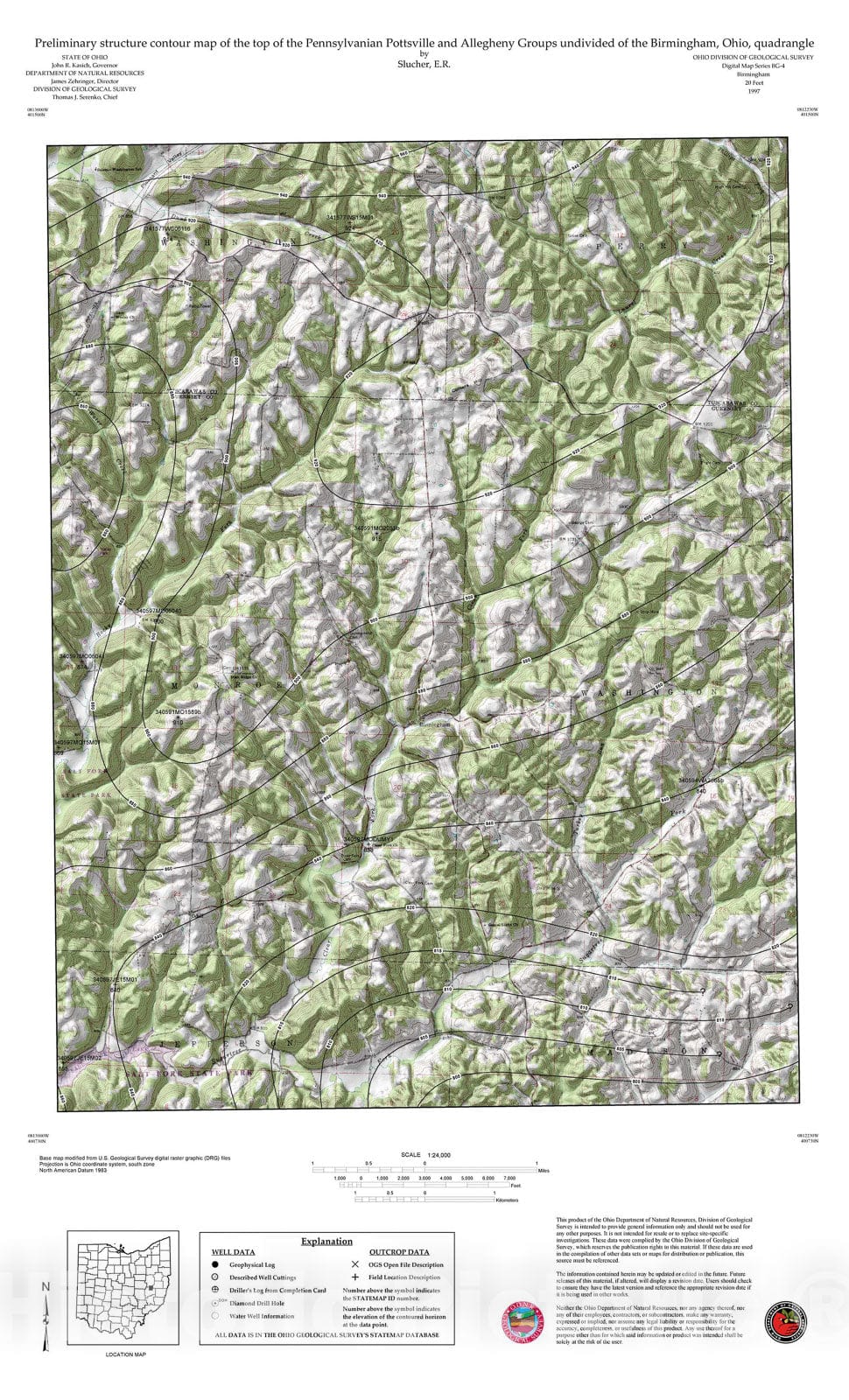 Map : Preliminary structure contour map of the top of the Pennsylvanian Pottsville and Allegheny Groups undivided of the Birmingham, Ohio, quadrangle, 1997 Cartography Wall Art :
