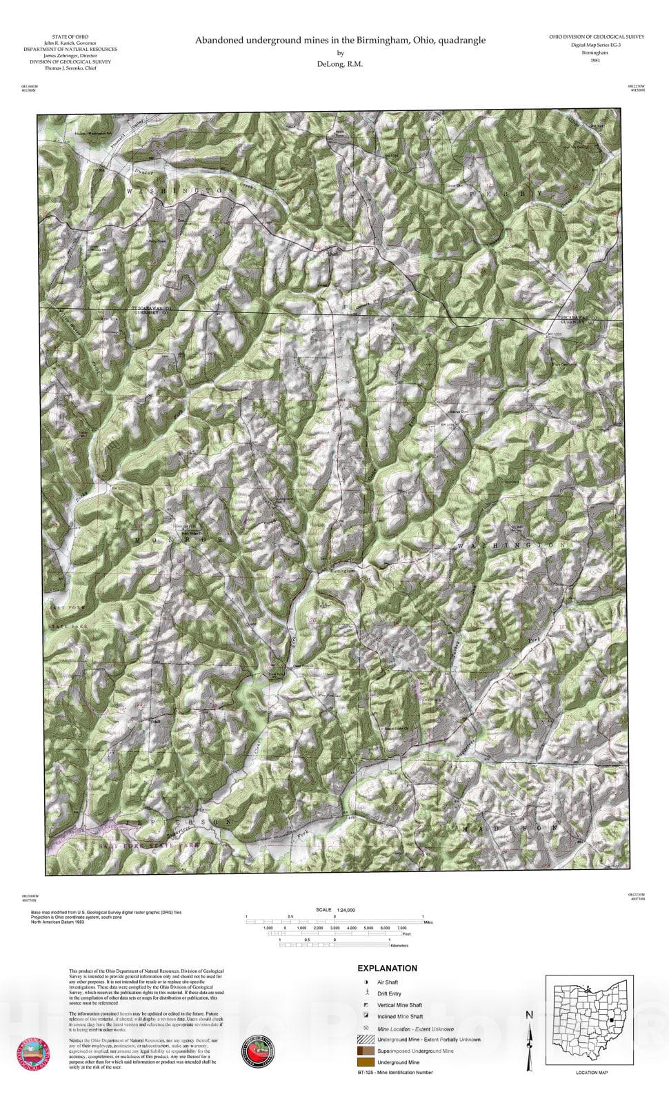 Map : Abandoned underground mines in the Birmingham, Ohio, quadrangle, 1981 Cartography Wall Art :