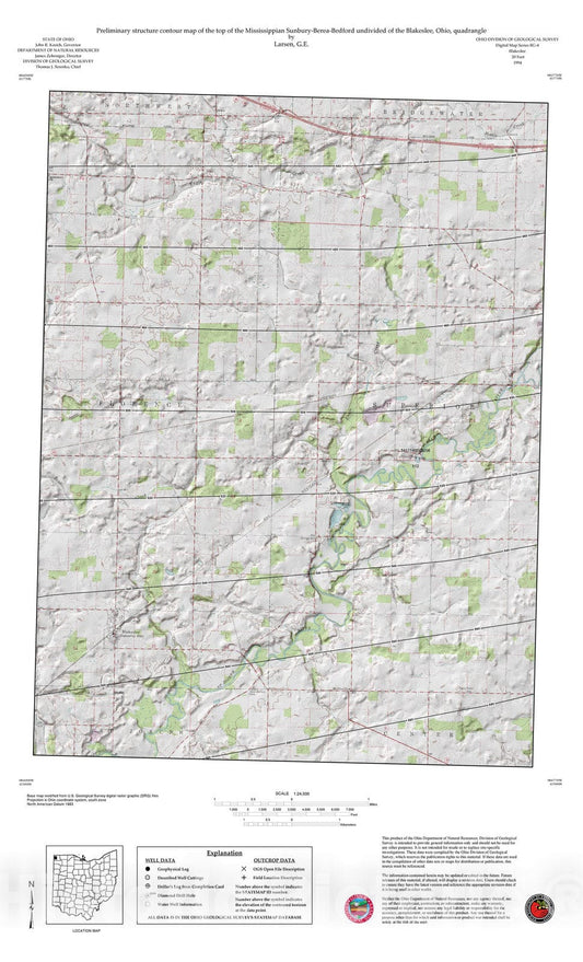 Map : Preliminary structure contour map of the top of the Mississippian Sunbury-Berea-Bedford undivided of the Blakeslee, Ohio, quadrangle, 1994 Cartography Wall Art :