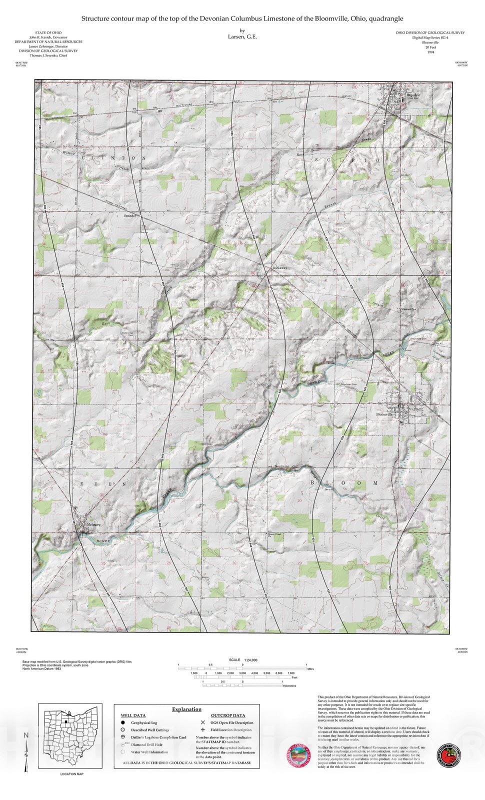 Map : Structure contour map of the top of the Devonian Columbus Limestone of the Bloomville, Ohio, quadrangle, 1994 Cartography Wall Art :